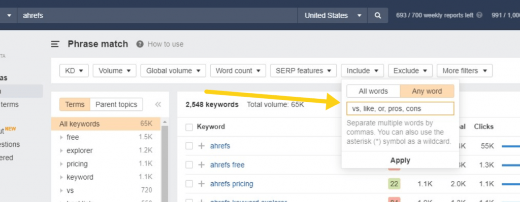 ahrefs phrase match search with filters