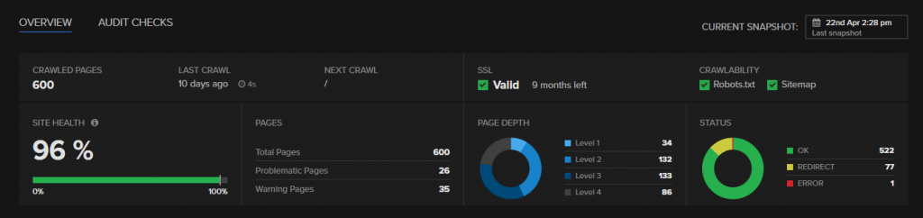 nightwatch site audit overview ui