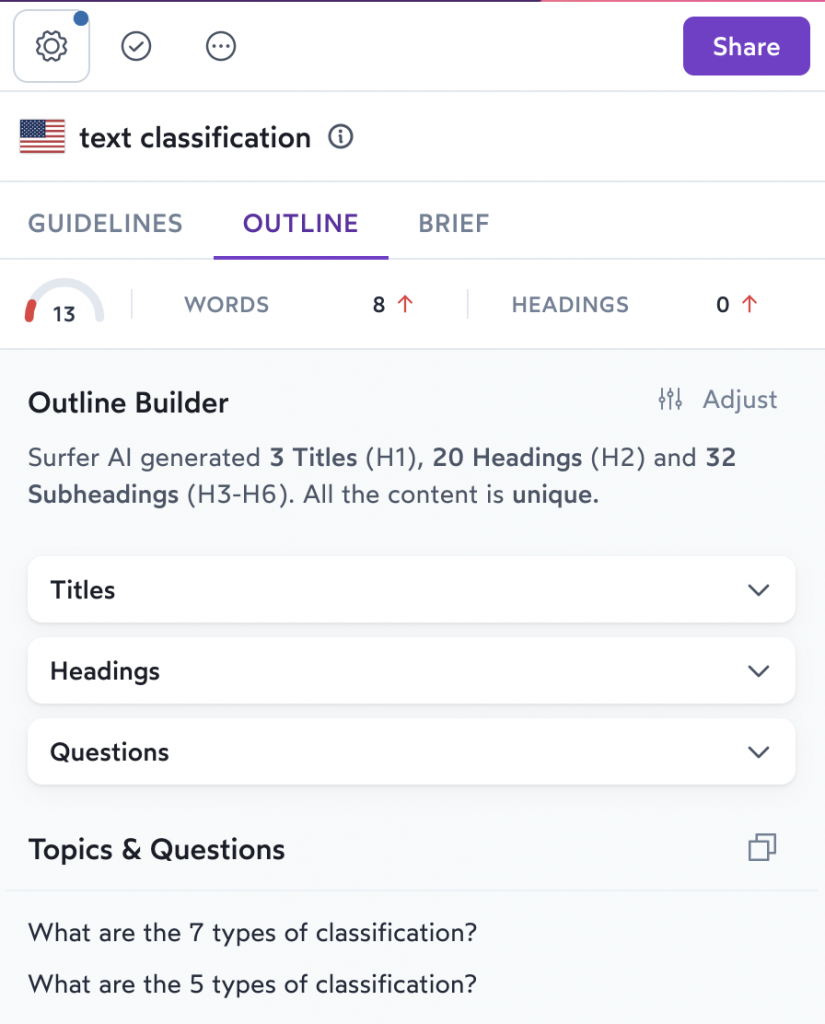 SurferSEO outline builder