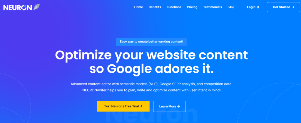 NeuronWriter landing page - another competitor to Surfer SEO